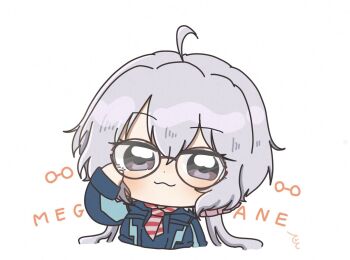 1girl adjusting_eyewear ahoge blush glasses grey_hair hair_between_eyes hair_ornament hair_scrunchie hand_on_eyewear jacket long_hair looking_at_viewer low_twintails neckerchief purple_eyes red_neckerchief scrunchie senki_zesshou_symphogear simple_background smile solo striped_neckerchief tetorinpa twintails very_long_hair white_background yukine_chris