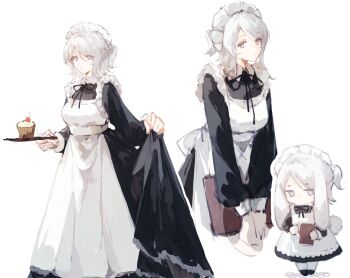 1girl animal_ears apron black_dress black_ribbon blue_eyes closed_mouth commentary_request dress faust_(project_moon) half_updo hand_up highres holding holding_tray limbus_company long_sleeves multiple_views neck_ribbon project_moon rabbit_ears rabbit_tail ribbon simple_background tail tray upper_body white_apron white_background yuemiao