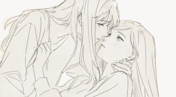 2girls blush commentary eye_contact fujino_shizuru greyscale guri_gom hand_on_another's_neck hashtag-only_commentary kuga_natsuki long_hair looking_at_another monochrome multiple_girls my-hime parted_lips shirt yuri