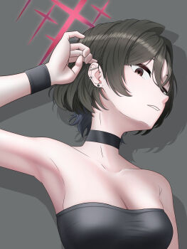 1girl absurdres armpits bandeau barbell_piercing bikini black_bandeau black_bikini black_choker black_hair blue_archive breasts choker cleavage collarbone cross_halo ear_piercing from_below grey_background halo hand_in_own_hair highres industrial_piercing looking_down medium_breasts misaki_(blue_archive) misaki_(swimsuit)_(blue_archive) n-n0710zr no_shirt piercing portrait red_eyes red_halo short_hair solo star_halo swimsuit wristband
