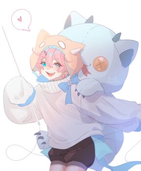 1boy animal_hood black_shorts blue_eyes commentary cowboy_shot double-parted_bangs english_commentary grey_eyes hair_between_eyes hair_ornament hairclip heart heterochromia highres hood long_sleeves looking_at_viewer male_focus mooshiki open_mouth original oversized_object pink_hair sharp_teeth short_hair shorts simple_background smile solo speech_bubble spoken_heart stuffed_animal stuffed_toy sweater teeth white_background white_sweater