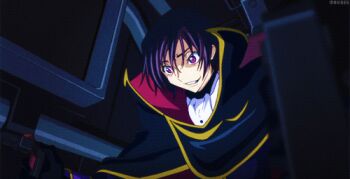 1boy animated animated_gif code_geass closed_eyes laughing lelouch_vi_britannia lowres male_focus open_mouth purple_eyes purple_hair solo teeth tongue