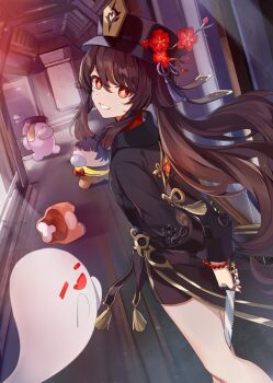 1girl 3others among_us arms_behind_back black_hat boo_tao_(genshin_impact) bright_pupils brown_hair cosplay crewmate_(among_us) floating_hair flower-shaped_pupils flying_sweatdrops from_behind genshin_impact ghost guoba_(genshin_impact) guoba_(genshin_impact)_(cosplay) hat highres holding holding_knife hu_tao_(genshin_impact) knife long_sleeves mixed-language_commentary multiple_others outdoors promotional_art qiqi_(genshin_impact) qiqi_(genshin_impact)_(cosplay) red_eyes smile soraneko_hino symbol-shaped_pupils teeth white_pupils xiangling_(genshin_impact) xiangling_(genshin_impact)_(cosplay)