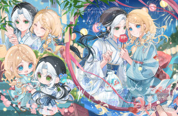 2girls :d ^_^ bag bagged_fish black_hair black_hat blonde_hair blue_bow blue_eyes blue_hair blue_kimono bow candy_apple chibi closed_eyes closed_mouth fish food green_eyes hair_bow hat holding holding_candy_apple holding_food japanese_clothes kimono long_hair long_sleeves mihuashi_username multicolored_hair multiple_girls multiple_views open_mouth original parted_bangs smile two-tone_hair watermark wide_sleeves xun_xun_xiaolongbao