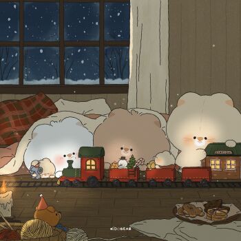 animal artist_name bare_tree bear blanket candle candy candy_cane chibi christmas christmas_tree closed_eyes cookie curtains food gingerbread_cookie glowing highres indoors kocobear lying night no_humans open_mouth original pillow plate scarf sky snow snowing snowman solid_circle_eyes stuffed_toy toy_train tree window wooden_floor wooden_wall yarn yarn_ball