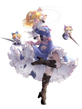 1girl absurdres alice_margatroid ascot ass blonde_hair blue_dress blue_eyes boots commentary day defeat dress edz_drawz frilled_ascot frilled_hairband frilled_sash frills fumo_(doll) grimoire_of_alice hairband high_heel_boots high_heels highres lamppost looking_at_viewer looking_back medium_dress medium_hair puffy_short_sleeves puffy_sleeves red_ascot red_sash sash shanghai_doll short_sleeves simple_background standing standing_on_one_leg tiptoes touhou transparent_background white_sleeves