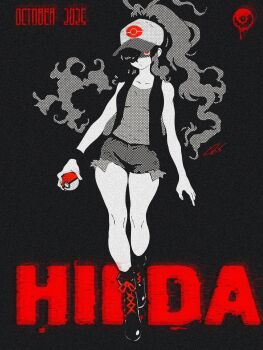 1girl 2025 bare_arms bare_legs baseball_cap black_background breasts character_name dated denim denim_shorts hat high_ponytail highres hilda_(pokemon) holding holding_poke_ball long_hair midriff navel nintendo open_clothes open_vest poke_ball poke_ball_(basic) pokemon pokemon_bw ponytail rio_chico_art shaded_face short_shorts shorts simple_background solo thighs very_long_hair vest wristband