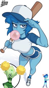 2girls :d artist_name bags_under_eyes baseball_bat baseball_cap blonde_hair blowing_bubble_gum blue_eyes blue_hair blue_hat blue_shorts blue_skin blue_socks bob_(steven_universe) breasts bright_pupils cheerleader chewing_gum closed_eyes collarbone colored_skin commentary crop_top dolphin_shorts english_commentary face_shield forehead_jewel foreshortening full_body gem_(steven_universe) green_shirt green_skin green_skirt hand_on_headwear hat highres holding holding_baseball_bat holding_pom_poms lapis_lazuli_(steven_universe) large_breasts looking_at_viewer midriff multicolored_shoes multiple_girls navel official_art_inset open_mouth peridot_(steven_universe) pom_pom_(cheerleading) pom_poms shirt shoes short_hair short_sleeves shorts skirt smile socks srbready standing steven_universe triangle-shaped_hair two-tone_hat two-tone_shirt two-tone_shoes white_hat white_pupils white_shirt white_shoes