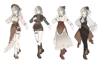1girl alternate_costume artist_collaboration boots brown_boots brown_hat brown_jacket brown_necktie brown_pants brown_shoes brown_shorts brown_skirt commentary english_commentary hand_on_own_chest hat high_heels highres honkai_(series) honkai_impact_3rd jacket long_sleeves multiple_views necktie pants reference_sheet sang_sha shirt shoes shorts simple_background sketch skirt thigh_bell veil vill-v white_background white_shirt white_veil zelian