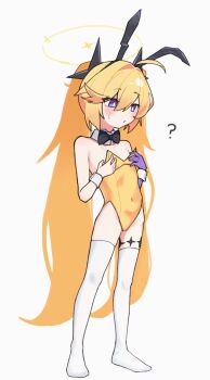 1girl ? absurdres animal_ears blonde_hair bright_pupils clear_(djmax) closed_mouth covered_navel djmax fake_animal_ears flat_chest full_body hair_between_eyes halo highres leotard long_hair no_shoes playboy_bunny purple_eyes rabbit_ears simple_background solo standing thighhighs very_long_hair white_background white_pupils white_thighhighs white_wrist_cuffs wrist_cuffs yellow_halo yellow_leotard yungun_(dbsrjsdn0330)