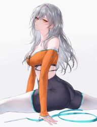Rule 34 | 1girl, absurdres, alternate costume, ass, bare shoulders, blush, closed mouth, earrings, grey hair, highres, honkai: star rail, honkai (series), jewelry, long hair, long sleeves, looking at viewer, off shoulder, panties visible through clothes, qiandaiyiyu, shorts, simple background, solo, split, stelle (honkai: star rail), thighhighs, thighs, trailblazer (honkai: star rail), white background, white thighhighs, yellow eyes