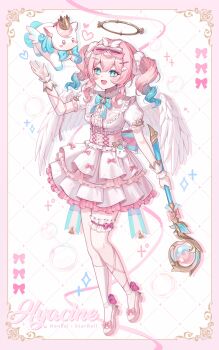 1girl absurdres alternate_costume angel angel_wings aqua_eyes aqua_hair bright_pupils character_name dress drill_hair english_text feathered_wings frilled_thigh_strap full_body halo hayun highres holding holding_staff honkai:_star_rail honkai_(series) hyacine_(honkai:_star_rail) kneehighs layered_dress little_ica_(honkai:_star_rail) medium_hair open_mouth pink_hair pink_shoes shoes short_sleeves single_kneehigh single_sock smile socks staff standing thigh_strap twin_drills twintails white_pupils white_socks white_wings wings