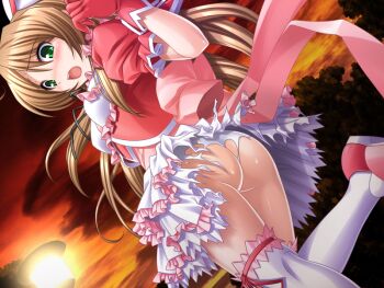 1girl ass blush bow brown_hair dress frills game_cg gloves green_eyes higuchi_isami kusunoki_sae long_hair looking_back magical_girl mahou_shoujo_sae non-web_source official_art open_mouth panties pink_bow red_gloves skirt solo sunset tears thighhighs torn_clothes torn_panties underwear variant_set white_thighhighs
