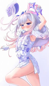 Rule 34 | 1girl, absurdres, amane kanata, amane kanata (heavenly guard mission), arm up, armpits, blue hair, blush, commentary request, gloves, grey hair, halo, hat, highres, hololive, multicolored hair, official alternate costume, one side up, partially fingerless gloves, pink hair, ponzakuro0116, pout, purple eyes, simple background, solo, star halo, thighs, unworn hat, unworn headwear, virtual youtuber, white background