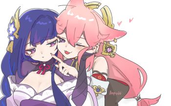 2girls animal_ears artist_name bare_shoulders blunt_bangs breasts cheek_poking cleavage closed_mouth commentary couple detached_sleeves earrings english_commentary eyeliner fox_ears fox_tail genshin_impact hair_between_eyes hair_ornament hand_on_another's_head headpiece heads_together heart highres japanese_clothes jewelry kimono large_breasts leaning_on_person light_blush long_hair long_sleeves looking_at_another looking_to_the_side low-tied_long_hair makeup mole mole_under_eye multiple_girls neckerchief off_shoulder one_eye_closed pink_hair poking purple_eyes purple_kimono raiden_shogun red_eyeliner red_ribbon ribbon shade tail tongue tongue_out upper_body white_background wide_sleeves yae_miko yen_(mantiyen) yuri