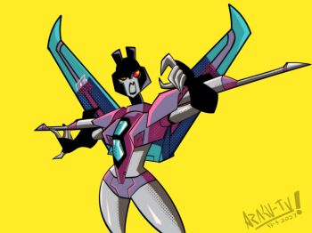 1girl araku_tv black_lips breasts colored_skin curvy grey_skin highres humanoid_robot image_sample mecha mechanical_wings medium_breasts red_eyes robot science_fiction simple_background slipstream_(transformers) solo toon_(style) transformers transformers_animated twitter_sample wings yellow_background