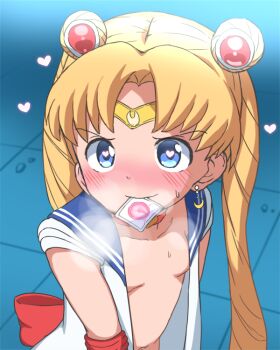 1girl aged_down bishoujo_senshi_sailor_moon bishoujo_senshi_sailor_moon_s blonde_hair blush breasts bubukka choker closed_mouth collarbone condom condom_in_mouth crescent crescent_earrings diadem double_bun earrings female_focus hair_bun heart heart-shaped_pupils heart_choker heavy_breathing jewelry loli long_hair mouth_hold open_clothes sailor_collar sailor_moon sailor_moon_redraw_challenge sailor_senshi sailor_senshi_uniform small_breasts smile solo sweatdrop symbol-shaped_pupils tsukino_usagi twintails upper_body