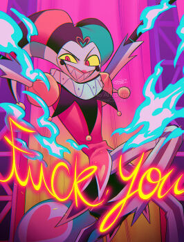 1boy :d \o/ absurdres aqua_hat arms_up ball black_hat black_shoes blue_fire checkered_hat chromatic_aberration circle_facial_mark colored_sclera commentary_request curtains english_text film_grain fire fizzarolli_(helluva_boss) foot_out_of_frame grey_pants grin hat hat_bell heart hellaverse helluva_boss highres jester jester_cap juliet_sleeves knee_up long_sleeves male_focus mechanical_arms menma_(enaic31) neck_ruff open_mouth outstretched_arms pants puffy_sleeves red_eyes red_hat red_shirt sharp_teeth shirt shoes signature smile solo striped_clothes striped_pants teeth two-tone_pants v-shaped_eyebrows vertical-striped_clothes vertical-striped_pants vignetting watermark white_pants yellow_sclera