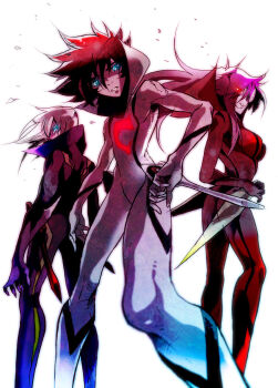 1girl 2boys akira-riku black_footwear blue_eyes bodysuit breasts casshern casshern_(series) casshern_sins commentary_request dio_(casshern_sins) feet_out_of_frame floating_hair glowing glowing_eye grey_hair grin hair_between_eyes highres leda_(casshern_sins) long_bangs long_hair looking_at_viewer medium_breasts multiple_boys parted_lips pink_hair popped_collar red_bodysuit red_eyes short_hair simple_background smile standing white_background white_bodysuit wind