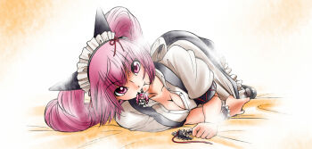 1girl akiha_rumiho animal_ear_hairband animal_ears bed_sheet black_shoes breasts cat_ears character_charm charm_(object) cleavage commentary_request drill_hair eibon fake_animal_ears frills hairband long_hair looking_at_viewer lying maid maid_headdress mary_janes mayqueen_maid_uniform medium_breasts mouth_hold on_side partially_undressed pink_eyes pink_hair puffy_short_sleeves puffy_sleeves pulling_own_clothes science_adventure shoes short_sleeves smile solo steins;gate tsurime twin_drills twintails