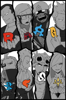 1girl 6+boys aether_foundation archie_(pokemon) bandana batabiru beard closed_eyes coat cyrus_(pokemon) facial_hair fangs ghetsis_(pokemon) giovanni_(pokemon) guzma_(pokemon) highres jacket logo long_hair looking_at_another looking_at_viewer looking_to_the_side lusamine_(pokemon) lysandre_(pokemon) maxie_(pokemon) monochrome mouth_hold multiple_boys nintendo open_mouth pokemon pokemon_bw pokemon_bw2 pokemon_dppt pokemon_oras pokemon_rgby pokemon_sm pokemon_xy scar short_hair spiked_hair sunglasses sweater team_aqua team_flare team_galactic team_magma team_plasma team_rocket team_skull turtleneck turtleneck_sweater