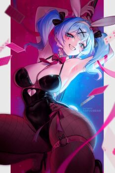 1girl animal_ears armpits arms_up bare_shoulders black_leotard blue_eyes blue_hair blush breasts brown_pantyhose card cleavage covered_navel detached_collar fake_animal_ears fishnet_pantyhose fishnets grin hatsune_miku high_heels highleg highleg_leotard highres large_breasts leotard looking_at_viewer medium_hair pantyhose pink_ribbon playboy_bunny playing_card pole rabbit_ears rabbit_hole_(vocaloid) ribbon smile solo stripper_pole thighs tofuubear twintails vocaloid