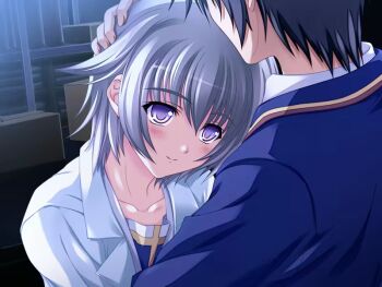 Rule 34 | 1boy, 1girl, amber quartz, blush, closed mouth, game cg, hug, lab coat, minakura tomo, night, non-web source, purple eyes, school uniform, short hair, tsukasa yuuki, upturned eyes, white hair