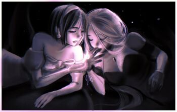 Rule 34 | 2girls, alien stage, bob cut, border, cigarette, clothing cutout, commentary, dress, earrings, elbow gloves, english commentary, fire, gloves, greyscale, hairband, highres, jewelry, juliet sleeves, long hair, long sleeves, mizi (alien stage), monochrome, multiple girls, off-shoulder dress, off shoulder, pearl earrings, puffy sleeves, short hair, short sleeves, shoulder cutout, signature, sphere earrings, sua (alien stage), white border, ymr18