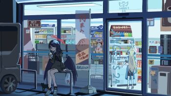 Rule 34 | 2girls, angel's 24 uniform (blue archive), apron, aritsuno, bag, black hair, black wings, blonde hair, blue apron, blue archive, cat, convenience store, eating, employee uniform, food, hair ornament, hairclip, halo, highres, ichika (blue archive), long hair, long sleeves, motor vehicle, multiple girls, outdoors, parking lot, plastic bag, red halo, shop, sora (blue archive), stacking, steamed bun, store clerk, tiptoes, van, window, wings
