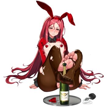 1girl anal_beads anal_tail animal_ear_hairband animal_ears ass black_collar black_wrist_cuffs blush breasts brown_pantyhose butt_plug champagne_bottle collar english_text fake_animal_ears fake_tail feet flat_chest foot_focus full_body glass_bottle gluteal_fold hairband hands_on_ground heart_pasties heavy_breathing highres last_origin long_hair looking_at_viewer maebari_removed night_angel_(last_origin) non-web_source official_alternate_costume official_art pantyhose parted_lips pasties presenting_foot rabbit_tail red_eyes red_shrug reverse_bunnysuit reverse_outfit ribs shrug_(clothing) sidelocks simple_background sitting solo tachi-e tail torn_clothes torn_pantyhose transparent_background tray u-rix wrist_cuffs