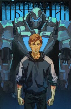 Rule 34 | 1boy, black pants, blue hoodie, brown hair, copyright name, dispatch, drawstring, highres, hood, hood down, hoodie, loose rat art, male focus, mecha, pants, parted hair, robert robertson, robot, short hair, sleeves rolled up, solo, striped clothes, vertical-striped clothes, vertical-striped sleeves