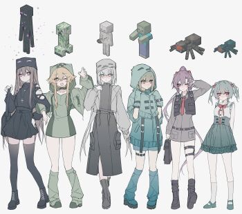 6+girls absurdres aqua_arm_warmers aqua_eyes aqua_hoodie aqua_leg_warmers arm_up arm_warmers arms_behind_back bag belt belt_collar black_bag black_belt black_boots black_shirt black_shoes black_skirt black_thighhighs black_vest blonde_hair boots bow bowtie brown_hair cave_spider closed_mouth collar creeper cross cross_necklace dress enderman full_body green_belt green_dress green_jacket green_leg_warmers green_shoes green_skirt grey_boots grey_hair grey_hat grey_jacket hair_between_eyes hair_bobbles hair_flaps hair_intakes hair_ornament hat height_chart high-waist_skirt highres hood hood_up hoodie jacket jewelry kneehighs leg_warmers long_hair long_skirt long_sleeves looking_at_another looking_at_viewer mary_janes minecraft multiple_girls necklace necktie one_eye_closed open_clothes open_jacket open_mouth personification ponytail purple_eyes purple_hair red_bow red_bowtie red_eyes red_necktie shirt shoes short_hair shoulder_bag sidelocks simple_background skeleton_(minecraft) skirt smile socks spider_(minecraft) thighhighs twintails very_long_hair vest w white_background white_eyes white_shirt white_socks yellow_eyes yexinhan zettai_ryouiki zombie_(minecraft)