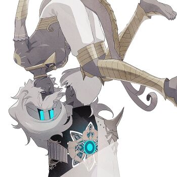 2boys alternate_design arjuna_alter_(fate) arjuna_alter_(first_ascension)_(fate) armlet armor barefoot black_shirt blue_horns colored_skin dark-skinned_male dark_skin earrings face-to-face fate/grand_order fate_(series) flying glowing_horns gold_armlet gold_choker gold_trim grey_skin horns indian_clothes indra_(fate) jewelry long_hair lv1na_ura multiple_boys pants pauldrons purple_eyes shirt short_hair shoulder_armor simple_background single_pauldron tail topless_male upside-down white_background white_hair white_pants