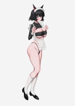 1girl absurdres alternate_costume animal_ears bandeau black_bandeau black_shoes breasts commentary_request enmaided fake_animal_ears highres kneehighs koha_2652 large_breasts maid ribbed_socks science_adventure shiina_mayuri shoes socks solo steins;gate tagme white_socks