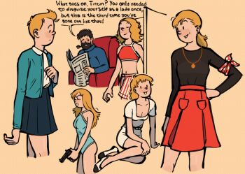 Rule 34 | 2boys, alternate costume, alternate hair length, alternate hairstyle, american flag shorts, armband, armchair, beard, belt, black shirt, blonde hair, blue leotard, blue oak, blue shirt, blue skirt, blush, breasts, brown background, brown hair, captain archibald haddock, chair, cleavage, clenched hand, closed eyes, closed mouth, commentary, crop top, cross-laced clothes, cross-laced leotard, crossdressing, dress, english commentary, english text, facial hair, frown, gender transitioning, gun, hand on own hip, highres, holding, holding gun, holding weapon, leotard, lianmilanesa, long hair, long sleeves, midriff, multiple boys, multiple views, necktie, newspaper, nose blush, open mouth, pleated skirt, polka dot, ponytail, reading, red armband, red necktie, red skirt, red tank top, shirt, shoes, short hair, short sleeves, sitting, skirt, smile, smoking pipe, speech bubble, tank top, teeth, tintin, tintin (character), v-shaped eyebrows, weapon, white armband, white belt, white dress, white shirt, white shoes