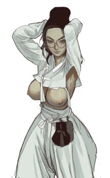 1girl armpits artist_self-insert beanie black_hair black_hat body_freckles breasts closed_mouth freckles genderswap genderswap_(mtf) glasses grey_eyes hat highres large_breasts long_sleeves looking_at_viewer mole mole_on_forehead mole_under_eye mossacannibalis nipples original pale_skin pants pouch round_eyewear simple_background smile solo standing white_background white_pants