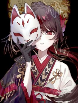 Rule 34 | 1girl, artist name, black background, black gloves, brown hair, butterfly hair ornament, colored inner hair, commentary, disembodied hand, earrings, fox mask, gloves, hair ornament, highres, japanese clothes, jewelry, kinoeda tamase, looking at viewer, mahou shoujo no inshuu mura, mahou shoujo no majo saiban, mask, multicolored hair, nikaido hiro, official alternate costume, official alternate hairstyle, one eye covered, red eyes, simple background, solo, two-tone kimono
