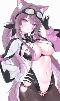 1girl absurdres adjusting_goggles animal_ear_fluff animal_ears black_pantyhose blush breasts butterfly_facial_mark center_opening chest_harness cleavage commentary_request commission dress gloves goggles goggles_on_head hair_between_eyes hair_intakes hand_on_own_hip hand_up harness head_tilt highres jacket korean_commentary large_breasts long_hair long_sleeves looking_at_viewer low_twintails multicolored_hair navel o-ring o-ring_top original pantyhose parted_lips pink_hair purple_dress purple_eyes second-party_source shrug_(clothing) simple_background solo split-color_clothes standing stomach strap sweat thighs torn_clothes torn_pantyhose twintails two-sided_gloves very_long_hair white_background white_gloves zipper zxcsque