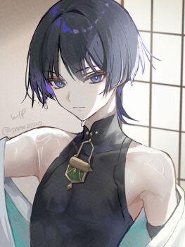 1boy bishounen black_bodysuit blunt_ends bodysuit bright_pupils closed_mouth colored_inner_hair covered_collarbone expressionless eyeliner genshin_impact hashtag-only_commentary highres indoors japanese_clothes kimono looking_at_viewer makeup male_focus mandarin_collar multicolored_hair off_shoulder parted_bangs portrait purple_eyes purple_hair red_eyeliner scaramouche_(genshin_impact) sliding_doors snow20200 solo streaked_hair tsurime twitter_username unfinished wanderer_(genshin_impact) wet wet_hair white_kimono white_pupils wispy_bangs