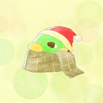 <o>_<o> beak bird black_eyes colored_skin commentary_request excel_(user_rndh7574) gen_2_pokemon green_skin hat highres natu nintendo no_humans pokemon pokemon_(creature) pokemon_focus santa_hat scarf simple_background wings