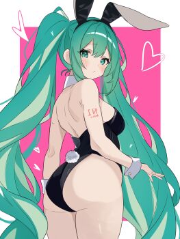 1girl absurdres animal_ear_hairband animal_ears aqua_eyes aqua_hair arm_at_side arm_tattoo ass backless_leotard bare_arms black_hairband black_leotard blush border closed_mouth coco_irasuto collar commentary_request cowboy_shot detached_collar fake_animal_ears fake_tail from_behind hair_between_eyes hairband hatsune_miku heart highres leotard long_hair looking_at_viewer looking_back number_tattoo outside_border pink_background playboy_bunny rabbit_ears rabbit_tail sidelocks simple_background solo tail tattoo twintails very_long_hair vocaloid white_border white_collar white_tail wristband