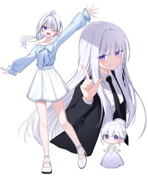 Rule 34 | 1girl, absurdres, ahoge, bare shoulders, black jacket, black necktie, blue bow, blue shirt, blunt bangs, bow, chibi, chibi inset, collared shirt, commentary request, formal clothes, highres, index finger raised, ine (vtuber), iring00, jacket, korean commentary, long hair, long sidelocks, long sleeves, looking at viewer, multiple views, necktie, off-shoulder shirt, off shoulder, open clothes, open jacket, open mouth, ponytail, purple eyes, shirt, shoes, sidelocks, skirt, smile, solo, suit, suit jacket, teeth, upper body, upper teeth only, virtual youtuber, waktaverse, white hair, white shirt, white shoes, white skirt