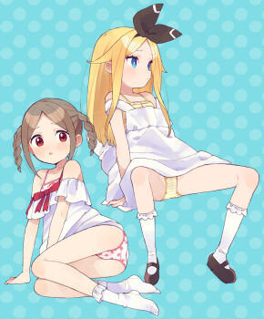 2girls alice_(moyori) arm_support bare_shoulders blush bow bright_pupils brown_bow brown_footwear brown_hair closed_mouth dress female_focus frilled_socks frills full_body hair_bow highres invisible_chair lily_(moyori) loli long_hair moyori multiple_girls no_shoes off-shoulder_dress off_shoulder open_mouth original panties polka_dot polka_dot_background polka_dot_panties red_bow red_eyes short_hair sitting socks spread_legs striped_clothes striped_panties twintails underwear white_dress white_pupils white_socks
