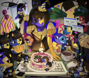 Rule 34 | 6+girls, alternate costume, black eyes, blunt bangs, blunt ends, character doll, chibi, chibi inset, colored skin, diablada, dog, doll, ena: dream bbq, ena (dream bbq), ena (ena), ena (series), ena (web series), floating head, happy ena, hat, highres, hourglass dog, long hair, low poly, mask, mask (ena), mini person, minigirl, moony (ena), multicolored skin, multiple girls, open mouth, robert (ena), salesperson ena, shirt, short sleeves, skirt, smile, taski maiden (ena), turron, two-tone skin, unworn mask, usagimarumei, yellow skin