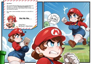 1futa angry blue_eyes blush bowsette breasts brown_hair bulge crown ear_piercing earrings english_text futanari huge_breasts jewelry kogeikun looking_at_viewer mario mario_(series) medium_hair nintendo penis piercing ponytail red_hair testicles