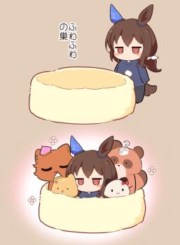 Rule 34 | 1girl, animal ears, animalization, blue shirt, blush, brown hair, cat, character request, chibi, chibi only, commentary request, gomashio (goma feet), highres, horse ears, horse girl, horse tail, jitome, long hair, long sleeves, meisho doto (umamusume), no mouth, red eyes, shirt, simple background, standing, t.m. opera o (umamusume), tail, translation request, umamusume