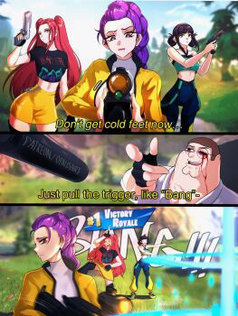 1boy 3girls aiming aiming_at_viewer blood blood_on_face braid dancing english_text family_guy finger_gun fortnite glasses gun hair_bun highres kpop_demon_hunters long_hair mira_(kpop_demon_hunters) multiple_girls opalis outdoors peter_griffin pink_hair purple_hair rumi_(kpop_demon_hunters) short_hair sidelocks tree twintails weapon zoey_(kpop_demon_hunters)