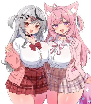 2girls :d ahoge animal_ear_fluff animal_ears black_bow black_choker black_hair blush bow breast_press breasts cardigan choker cleavage collarbone commentary curvy english_commentary fang grey_hair hair_between_eyes hair_bow hair_ornament hairclip hakui_koyori highres hololive large_breasts long_hair looking_at_viewer multicolored_hair multiple_girls open_mouth pink_cardigan pink_hair pink_sailor_collar pink_skirt pleated_skirt purple_choker purple_eyes red_eyes red_skirt sailor_collar sakamata_chloe sakanaya_(sakanaya952) school_uniform shirt sidelocks simple_background skirt smile standing streaked_hair two-tone_hair two_side_up virtual_youtuber white_background white_shirt x_hair_ornament