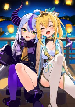 2girls :d ^_^ ahoge ankle_cuffs black_hairband black_horns black_skirt blonde_hair blurry blurry_background boots braid braided_bangs breasts buttons chest_sarashi closed_eyes coat coat_dress collar commentary_request cuffs demon_horns double-breasted double-parted_bangs dress grey_hair hairband hakama hakama_short_skirt hakama_skirt haori heads_together highres hololive horns japanese_clothes kazama_iroha kazama_iroha_(1st_costume) kimono knee_up knees_together_feet_apart knees_up kutata la+_darknesss la+_darknesss_(1st_costume) lantern long_hair long_sleeves medium_breasts medium_hair metal_collar miniskirt multicolored_hair multiple_girls neckerchief night open_mouth pantyhose paper_lantern pointy_ears ponytail purple_boots purple_coat purple_hair purple_pantyhose sarashi single_leg_pantyhose sitting skirt sky_lantern sleeves_past_fingers sleeves_past_wrists slit_pupils smile streaked_hair striped_horns tabi tail teeth thighhighs underbust upper_teeth_only v-shaped_eyebrows very_long_hair virtual_youtuber white_kimono white_thighhighs yellow_eyes yellow_haori yellow_neckerchief
