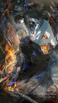 2boys black_cape black_hair black_jacket black_pants black_ribbon black_shirt bleeding blonde_hair blood blood_on_face blue_cape blue_eyes blue_gemstone blue_ribbon borrowed_character brooch burning candelabra candle candlestand cape closed_mouth commentary earrings english_text feet_out_of_frame fire from_side full_body fur-trimmed_cape fur_trim gem gloves hair_between_eyes hair_ornament hairclip hei_(ying_qian) highres holding holding_another&#039;s_hair holding_gem jacket jewelry jin_gongmen_wo_de_fengkuang_xingqiwu kissing_hair lapel_pin lapels long_hair long_sleeves looking_at_another looking_down looking_up low_ponytail male_focus multiple_boys multiple_rings neck_ribbon notched_lapels offering_hand on_one_knee original pants parted_lips pillar ponytail profile red_gemstone red_gloves reflective_floor ribbon ring shirt short_hair side_cape sitting sun_symbol symbol-only_commentary thigh_strap turtleneck turtleneck_shirt two-sided_cape two-sided_fabric very_long_hair wariza white_jacket white_pants yaoi yellow_eyes yin_(ying_qian)